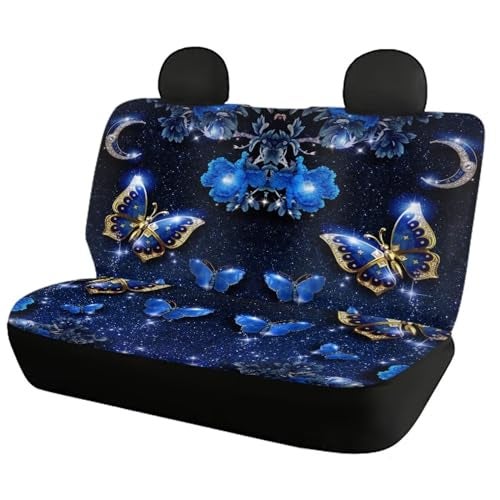 Howilath Fashion Blue Butterfly Front & Rear Seat Covers Vehicle Seat Floral Moon Pattern Protectors Cover Fits Most Cars, Sedan, SUV - Image 2