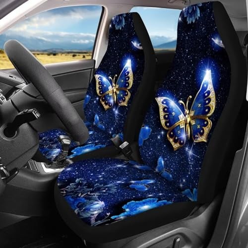 Howilath Fashion Blue Butterfly Front & Rear Seat Covers Vehicle Seat Floral Moon Pattern Protectors Cover Fits Most Cars, Sedan, SUV - Image 3