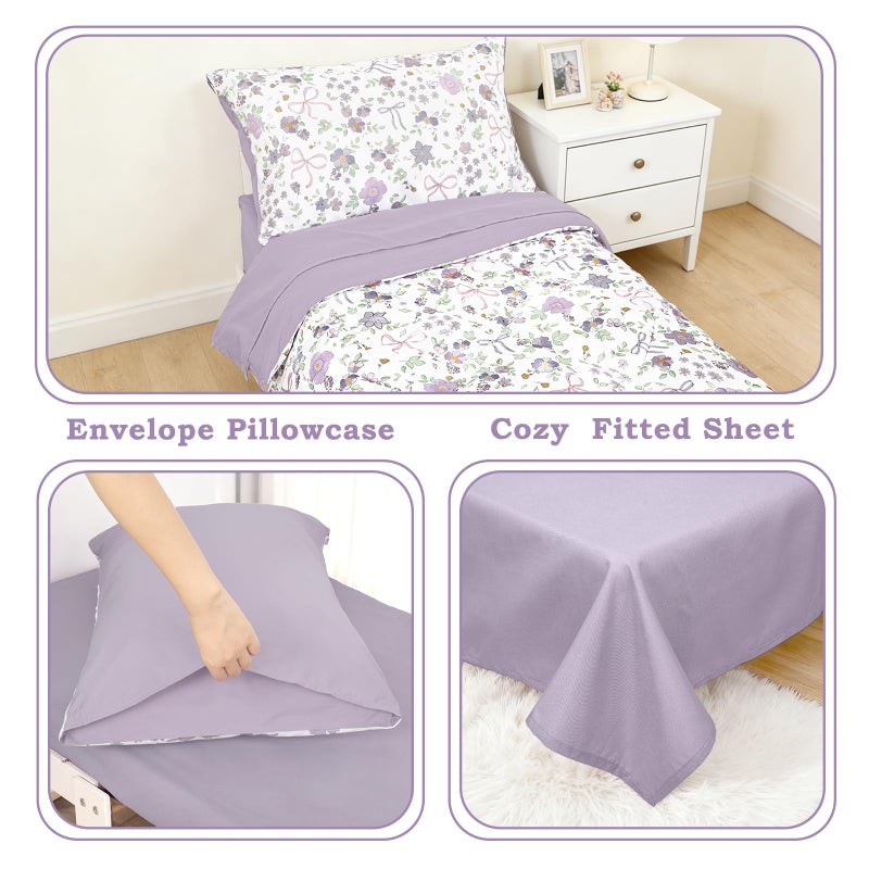 SWESEN Toddler Bedding Set for Girls, Purple Floral Toddler Girls Bedding Set, Soft & Lightweight 4 Piece Toddler Comforter Sets Include Comforter, Flat Sheet, Fitted Sheet, Pillowcase - Image 3