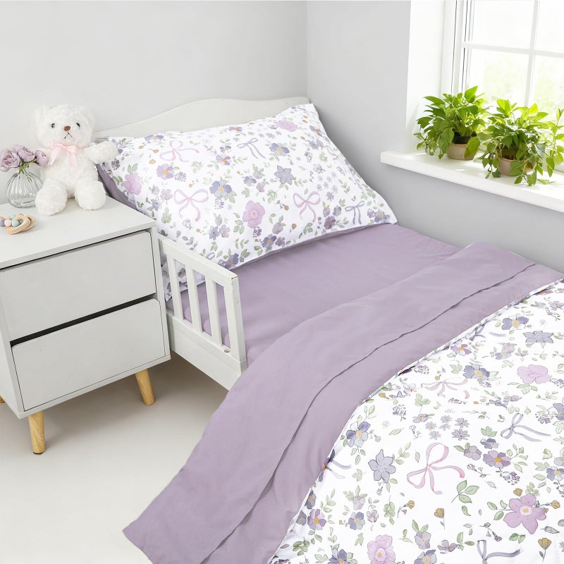 SWESEN Toddler Bedding Set for Girls, Purple Floral Toddler Girls Bedding Set, Soft & Lightweight 4 Piece Toddler Comforter Sets Include Comforter, Flat Sheet, Fitted Sheet, Pillowcase - Image 4