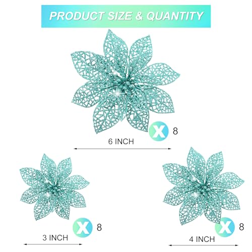 Boao Teal 24 Pieces Poinsettia Flower Christmas Glitter Artificial Poinsettia with Clips Christmas Tree Ornament Decorations for DIY Xmas Wreath Holiday Home Party Decor 346 Inches - Image 3