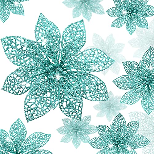 Boao Teal 24 Pieces Poinsettia Flower Christmas Glitter Artificial Poinsettia with Clips Christmas Tree Ornament Decorations for DIY Xmas Wreath Holiday Home Party Decor 346 Inches - Image 1