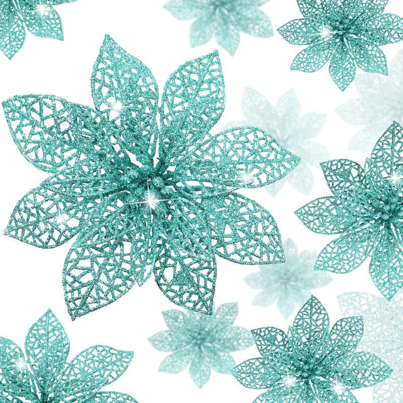 Boao Teal 24 Pieces Poinsettia Flower Christmas Glitter Artificial Poinsettia with Clips Christmas Tree Ornament Decorations for DIY Xmas Wreath Holiday Home Party Decor 346 Inches - Image 2