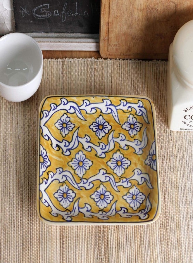 miah decor أطباق خزفية من ميا ديكور مزينة برسومات زهور يدوية (MD-238)، - أصفر وأبيض، آمنة للاستخدام في الميكروويف، آمنة للاستخدام في الفريزر، آمنة للاستخدام في أطباق الصحون (الطول × العرض × الارتفاع - 8 بوصات × 8 بوصات × 1.5 بوصة). - Image 1
