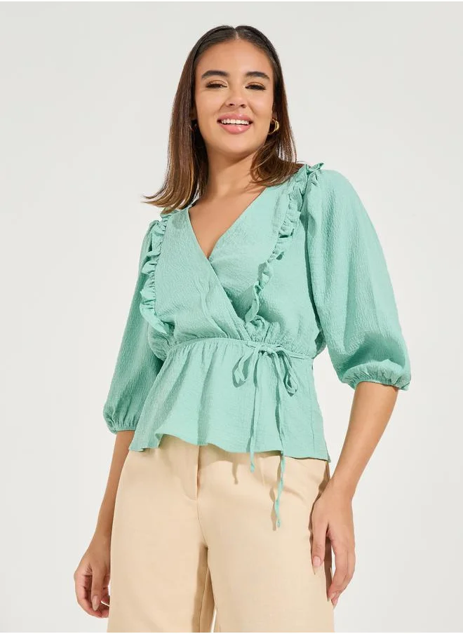 Styli Solid Textured Wrap Top with Ruffle & Tie Detail