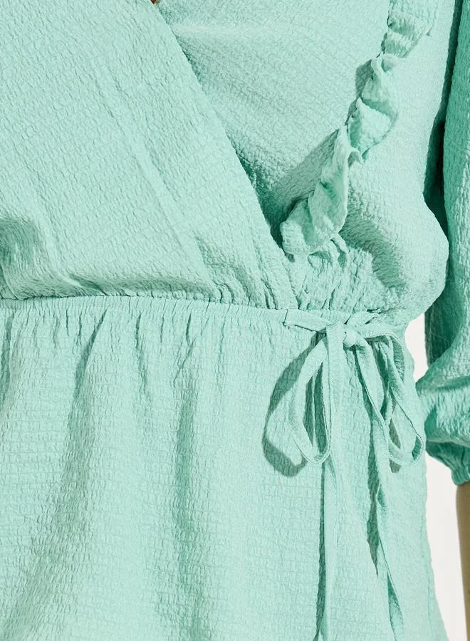 Styli Solid Textured Wrap Top with Ruffle & Tie Detail