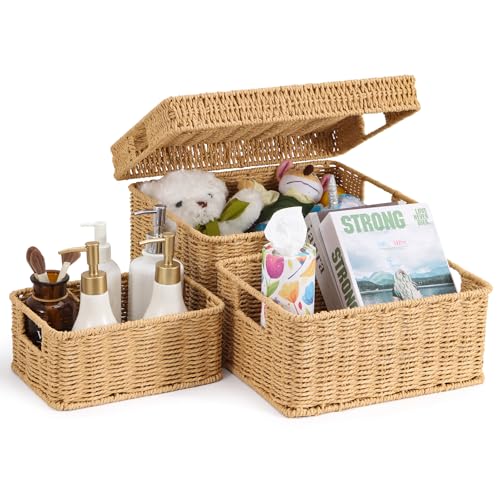 GANLUX Wicker Storage Basket with Lid - Woven Storage Basket for Organizing,Rectangular Decorative Boxes Bins with Lids for Shelves, living room, Nursery, 2-Piece Set(Natural) - Image 1