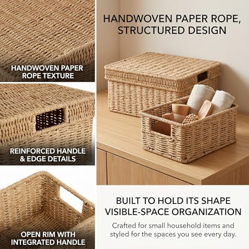 GANLUX Wicker Storage Basket with Lid - Woven Storage Basket for Organizing,Rectangular Decorative Boxes Bins with Lids for Shelves, living room, Nursery, 2-Piece Set(Natural) - Image 4