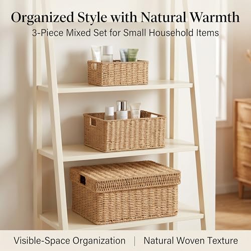 GANLUX Wicker Storage Basket with Lid - Woven Storage Basket for Organizing,Rectangular Decorative Boxes Bins with Lids for Shelves, living room, Nursery, 2-Piece Set(Natural) - Image 2