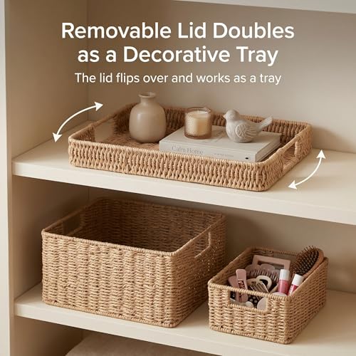 GANLUX Wicker Storage Basket with Lid - Woven Storage Basket for Organizing,Rectangular Decorative Boxes Bins with Lids for Shelves, living room, Nursery, 2-Piece Set(Natural) - Image 5
