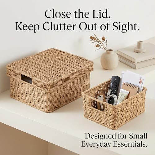 GANLUX Wicker Storage Basket with Lid - Woven Storage Basket for Organizing,Rectangular Decorative Boxes Bins with Lids for Shelves, living room, Nursery, 2-Piece Set(Natural) - Image 3