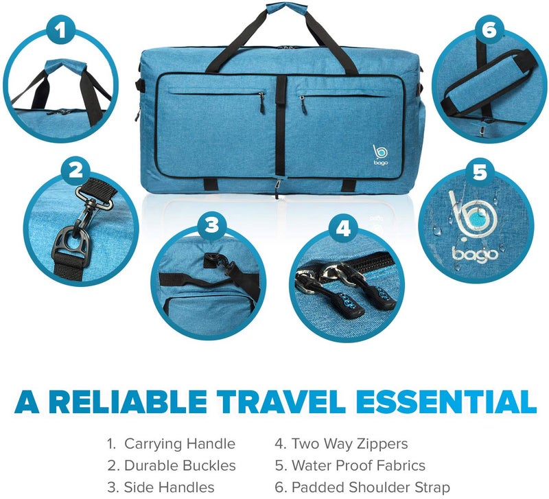 Bago Large Foldable Duffel Bags for Traveling Women & Men - 120L Packable Duffle Bag for Travel with Shoe Compartment - Water Repellant, Heavy Duty, Lightweight Folding & Collapsible (SnowBlue) - Image 3