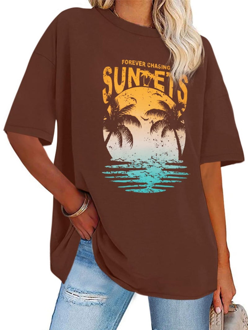 rosemia Womens Oversized Tshirt Graphic Tees Crew Neck Summer Short Sleeve Loose Fit Tops, Brown Coconut Tree, L - Image 1