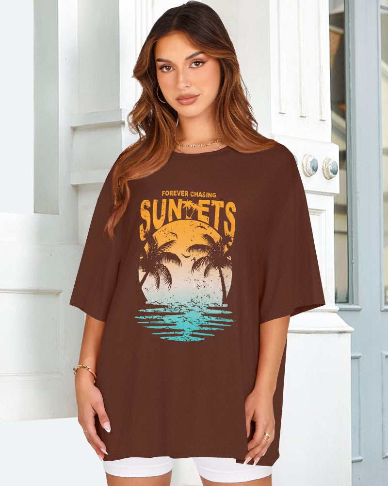 rosemia Womens Oversized Tshirt Graphic Tees Crew Neck Summer Short Sleeve Loose Fit Tops, Brown Coconut Tree, L - Image 2