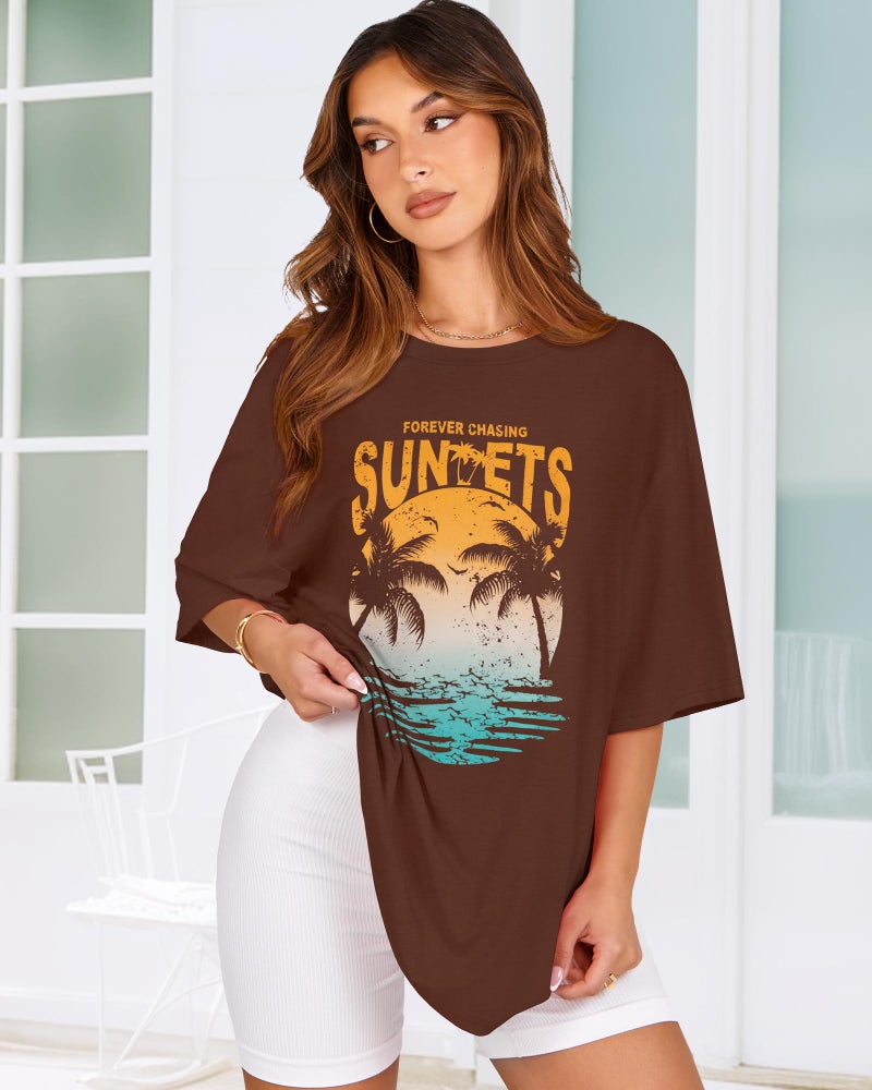 rosemia Womens Oversized Tshirt Graphic Tees Crew Neck Summer Short Sleeve Loose Fit Tops, Brown Coconut Tree, L - Image 4