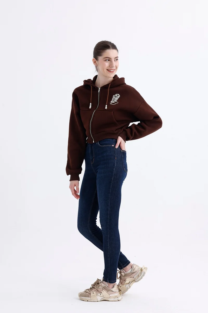 Feville Women's Printed Zippered Crop Cardigan-Sweatshirt