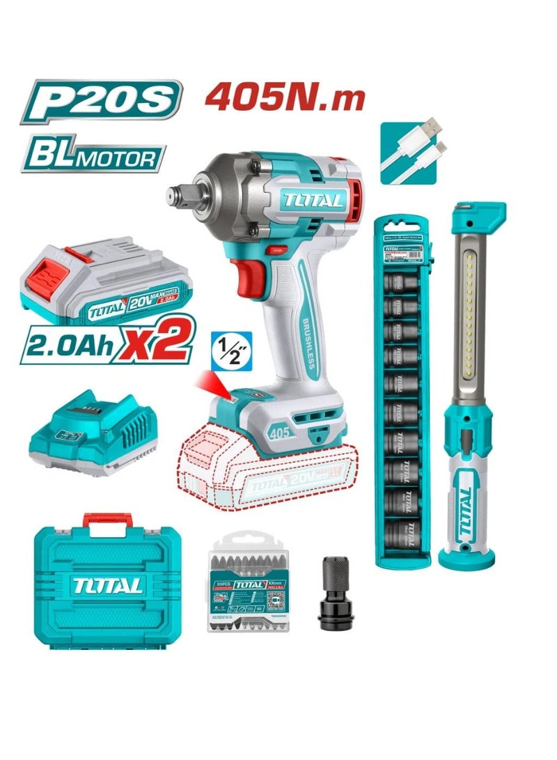 TOTAL 1/2 inch 20V drill set, 405 Nm torque, with two batteries, charger, impact bit set, magnetic base flashlight, and screwdriver bits - Image 1
