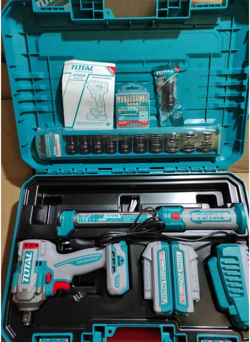 TOTAL 1/2 inch 20V drill set, 405 Nm torque, with two batteries, charger, impact bit set, magnetic base flashlight, and screwdriver bits - Image 2