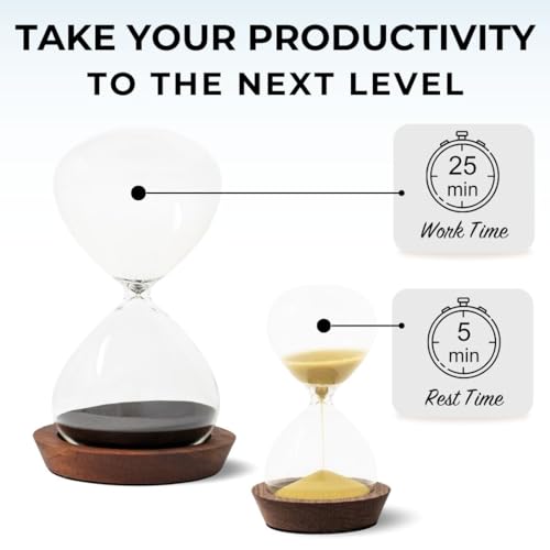 Chillkat Decorative Hourglass Sand Timer Set - Includes 25 and 5 Minute Sandglass Pomodoro Timers with Wooden Bases - Time Management Productivity Tool - Gift for Home Office Desk - Image 2