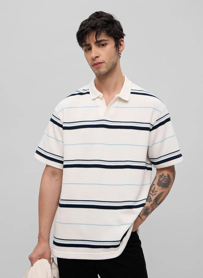 The Souled Store Men Oversized Fit Popcorn Striped Off White Polo
