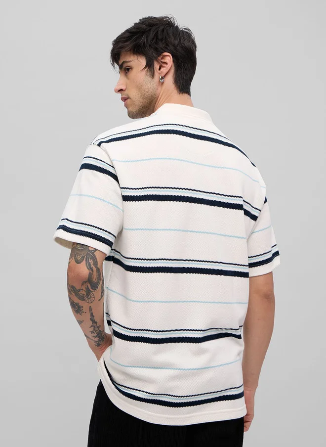 The Souled Store  The Souled Store Men Oversized Fit Popcorn Striped Off White Polo  | Best Price UAE