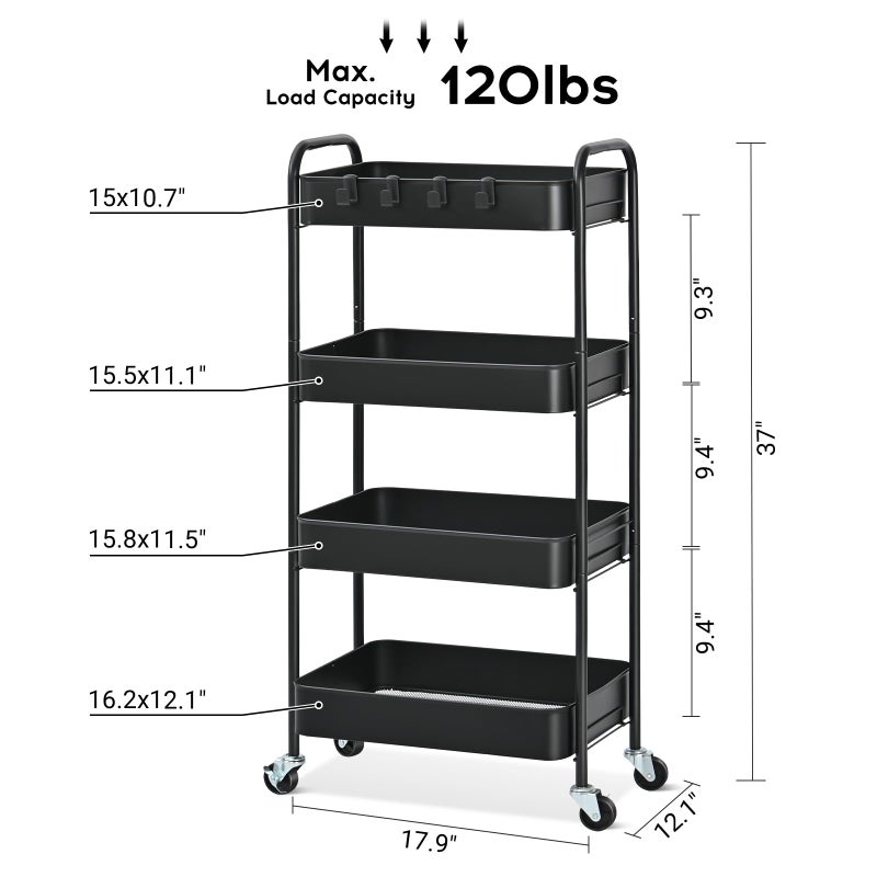 TOOLF 4-Tier Rolling Cart - Metal Storage Organizer with Lockable Wheels, 44 lbs Per Shelf Capacity, Tool-Free Assembly, for Kitchen Bathroom Office Laundry Room Nursery, Black - Image 2