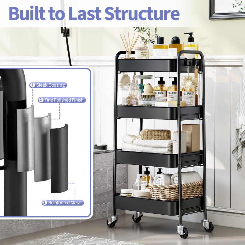 TOOLF 4-Tier Rolling Cart - Metal Storage Organizer with Lockable Wheels, 44 lbs Per Shelf Capacity, Tool-Free Assembly, for Kitchen Bathroom Office Laundry Room Nursery, Black - Image 3