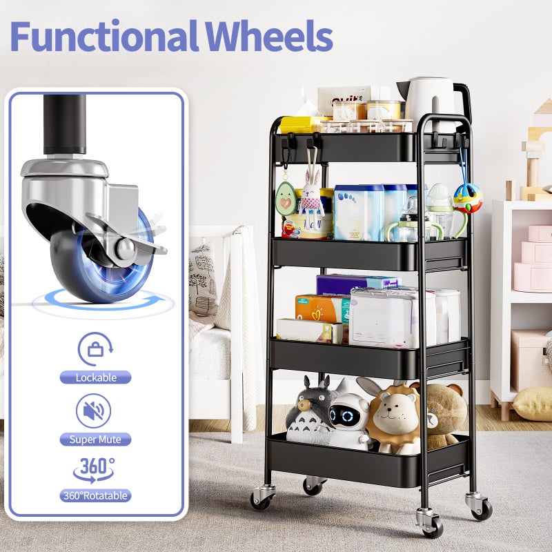 TOOLF 4-Tier Rolling Cart - Metal Storage Organizer with Lockable Wheels, 44 lbs Per Shelf Capacity, Tool-Free Assembly, for Kitchen Bathroom Office Laundry Room Nursery, Black - Image 4