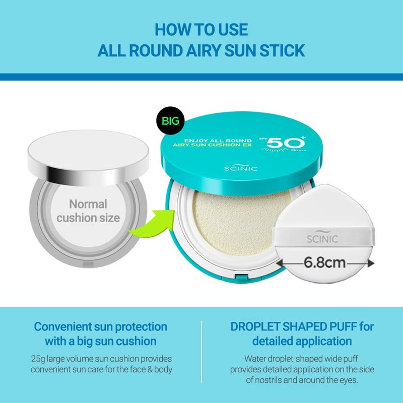 SCINIC Enjoy All Round Airy Sun Cushion EX SPF50+PA++++0.88oz (25g) | Cooling UV Protection & Natural Tone-up From Face To Body For All Family Members | Korean Skincare - Image 5