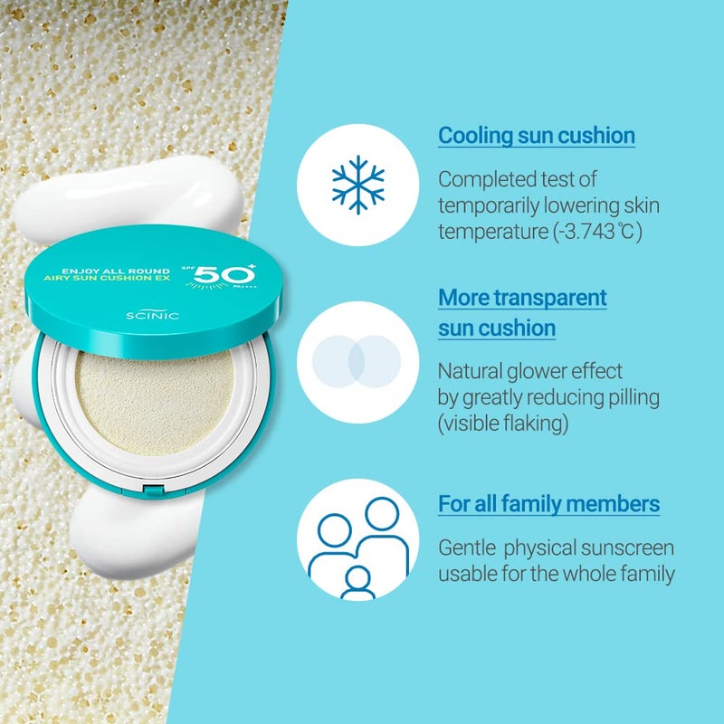 SCINIC Enjoy All Round Airy Sun Cushion EX SPF50+PA++++0.88oz (25g) | Cooling UV Protection & Natural Tone-up From Face To Body For All Family Members | Korean Skincare - Image 3