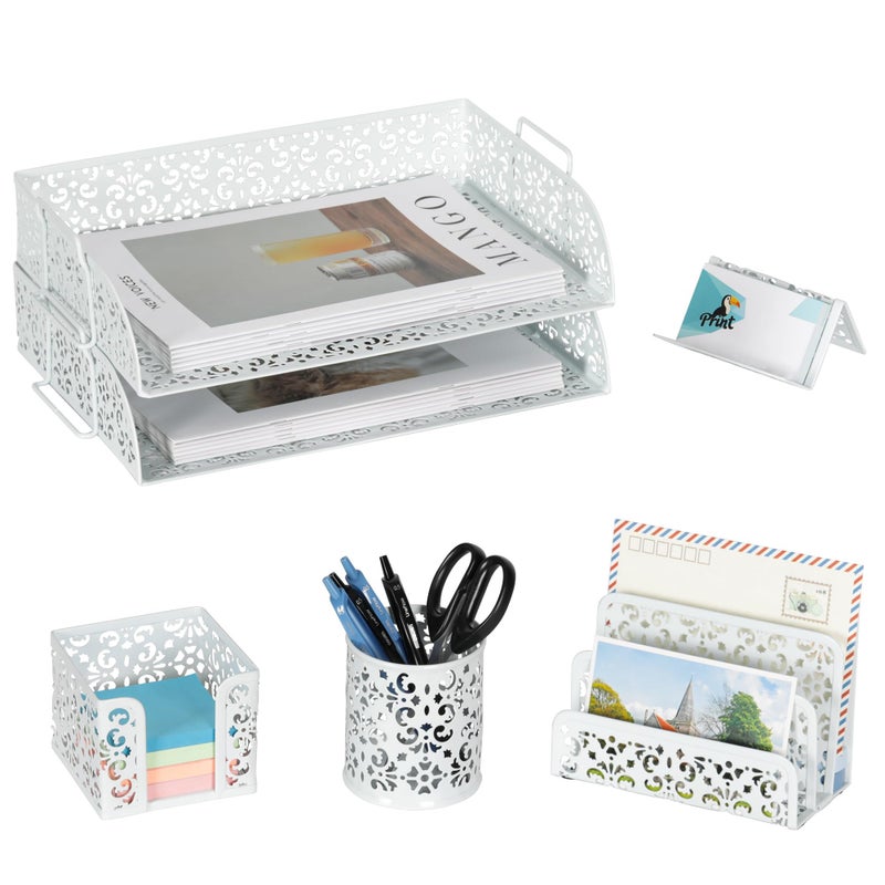 EasyPAG Desk Organizers and Accessories 5 Pieces Office Supplies Set - 2 Tier Paper Tray, Pencil Organizer for Desk, Mail Sorter Countertop, Business Card Holder and Sticky Note Holder, White - Image 1