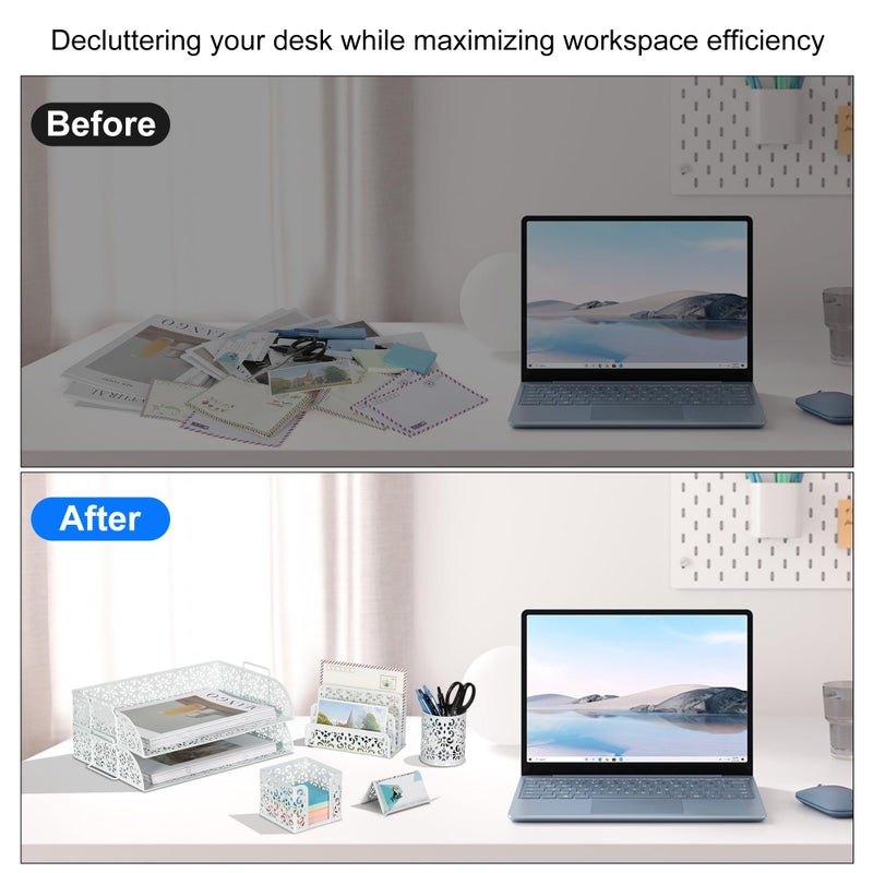 EasyPAG Desk Organizers and Accessories 5 Pieces Office Supplies Set - 2 Tier Paper Tray, Pencil Organizer for Desk, Mail Sorter Countertop, Business Card Holder and Sticky Note Holder, White - Image 5