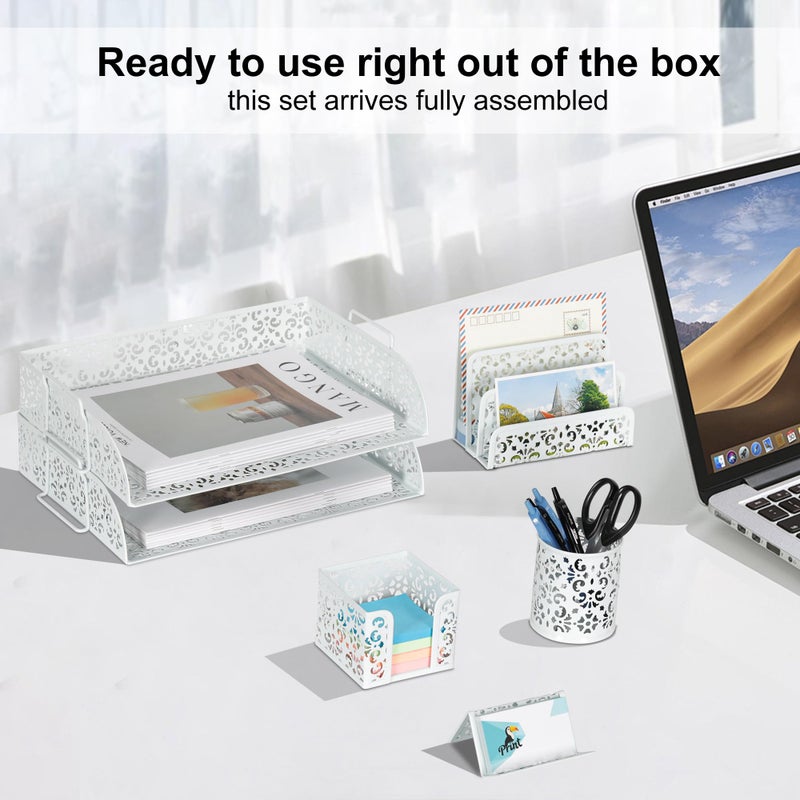 EasyPAG Desk Organizers and Accessories 5 Pieces Office Supplies Set - 2 Tier Paper Tray, Pencil Organizer for Desk, Mail Sorter Countertop, Business Card Holder and Sticky Note Holder, White - Image 4