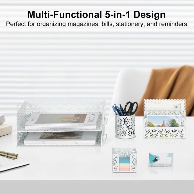 EasyPAG Desk Organizers and Accessories 5 Pieces Office Supplies Set - 2 Tier Paper Tray, Pencil Organizer for Desk, Mail Sorter Countertop, Business Card Holder and Sticky Note Holder, White - Image 3
