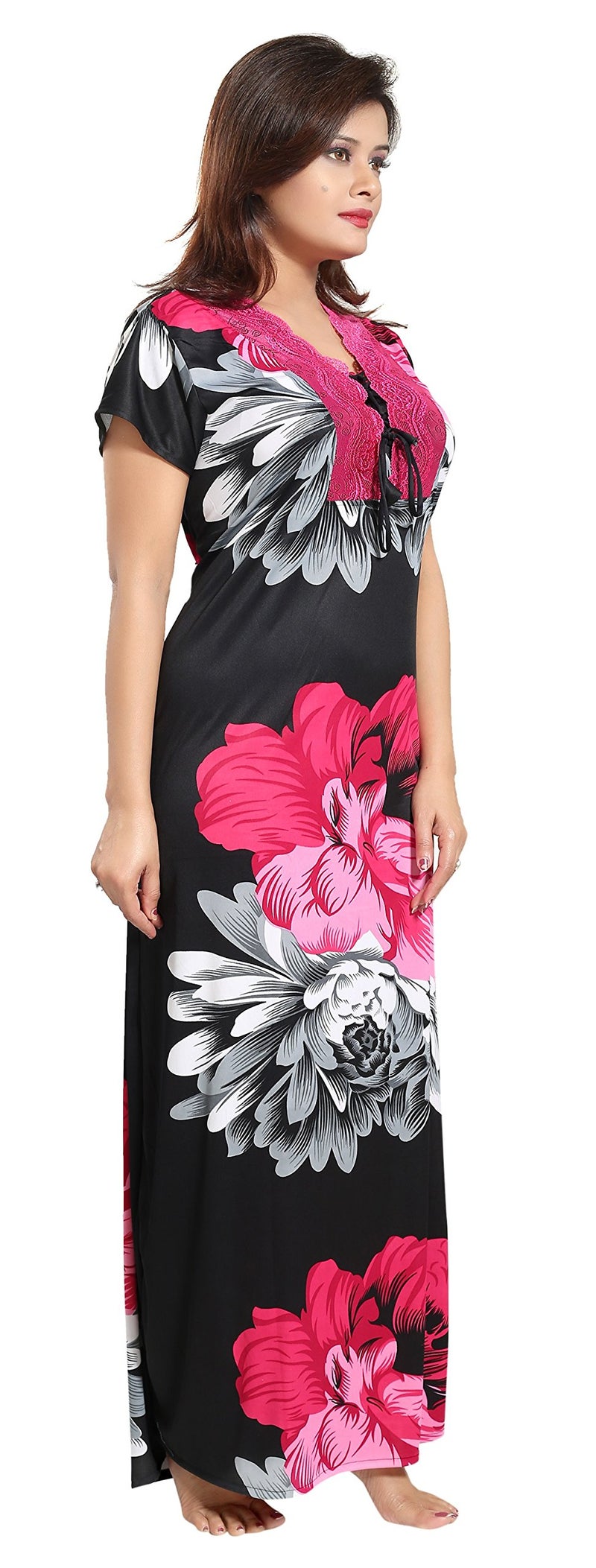 Noty Store Noty Women's Serena Satin Floral Maxi Nightgown (SJoy15_Rani, Black_Free Size) - Image 3