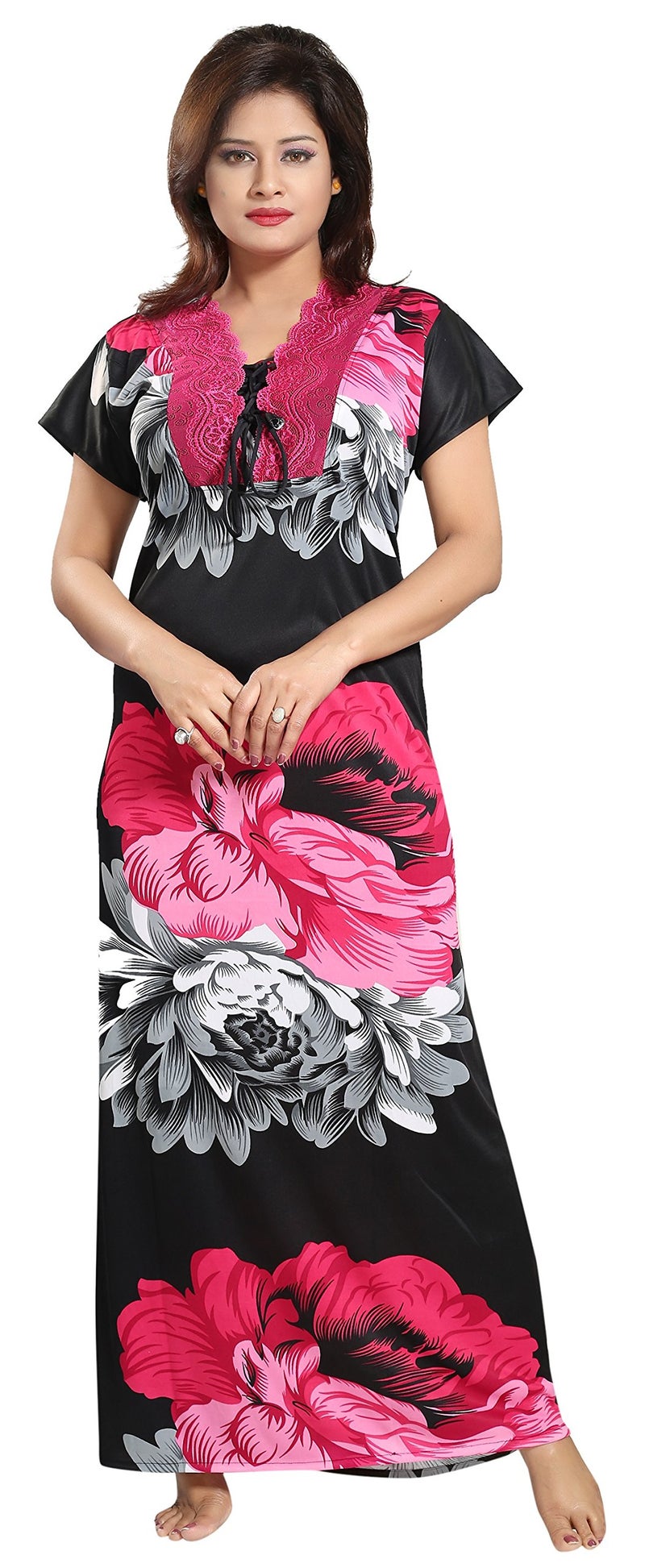 Noty Store Noty Women's Serena Satin Floral Maxi Nightgown (SJoy15_Rani, Black_Free Size) - Image 1