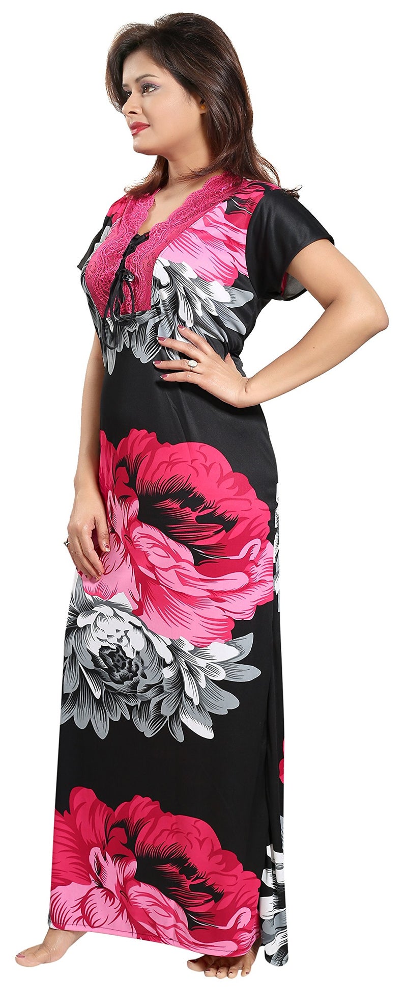 Noty Store Noty Women's Serena Satin Floral Maxi Nightgown (SJoy15_Rani, Black_Free Size) - Image 2