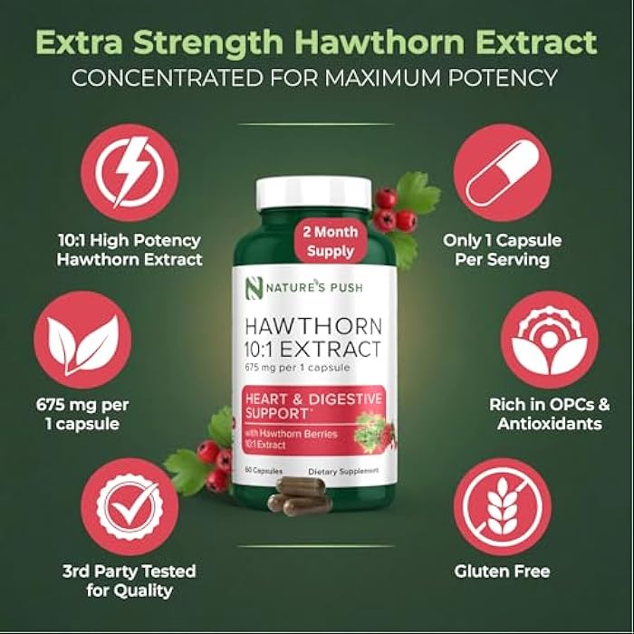 Nature's Push Super Potent Hawthorn Berry Supplement 10:1 Extract 675mg Capsules for Digestion Heart Health, Glycemic Support-Extra Strength Non-GMO Gluten Free Vegan GMP USA (60 Count (Pack of 1)) - Image 5