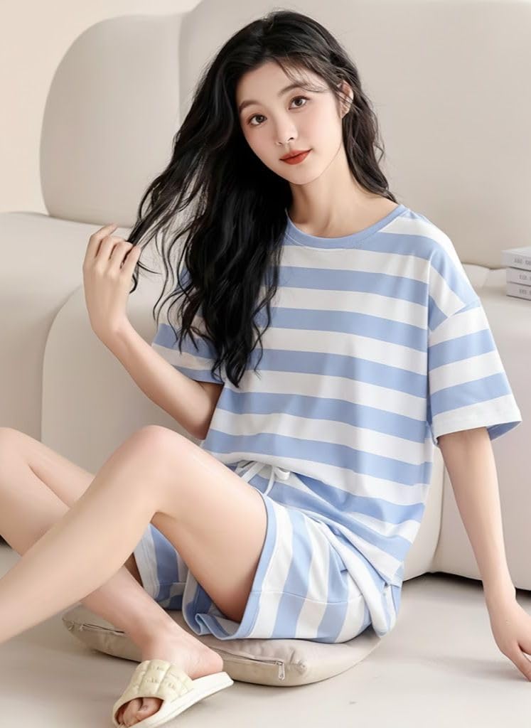 SMOWKLY Women Korean Shorts Pajama Set Cotton Blend Nightwear Set Top & Shorts Sleepwear Lounge Wear Soft Comfortable Night Suit Ladies Summer Night Dress Co-Ord Home Wear Set(1502_BL_L) Blue - Image 4