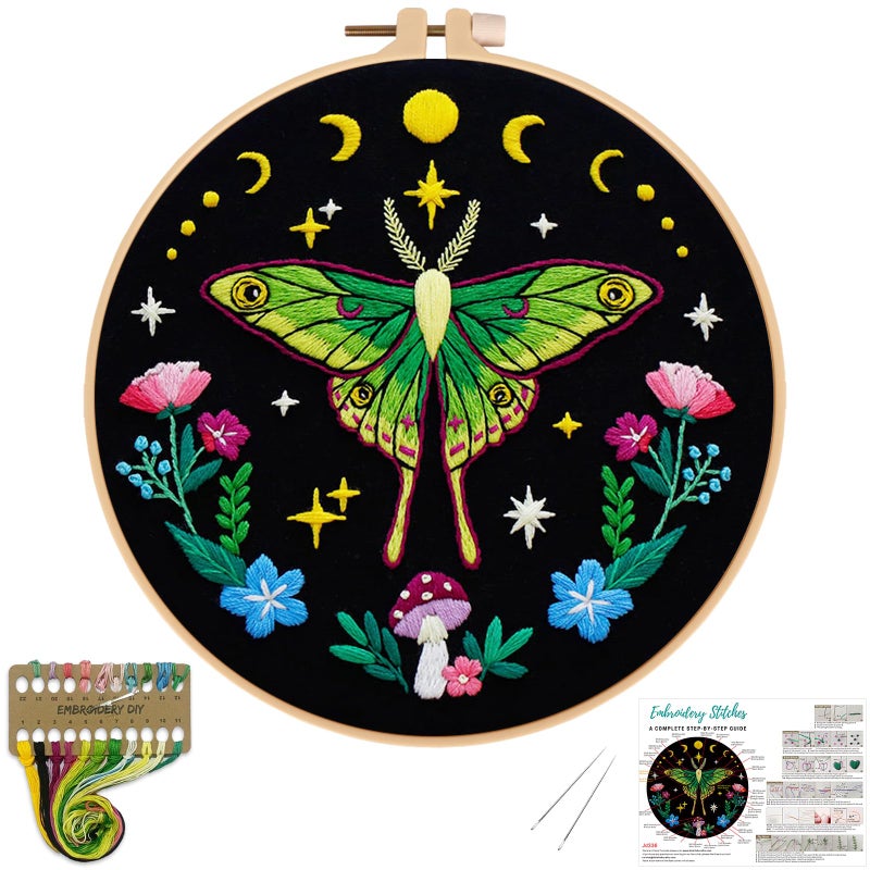 Nuberlic Moth Embroidery Kits for Beginners - Embroidery Starter Cross Stitch Kit DIY Needlepoint Including Cloth with Pattern, Hoop, Needles Instruction and Threads - Image 1