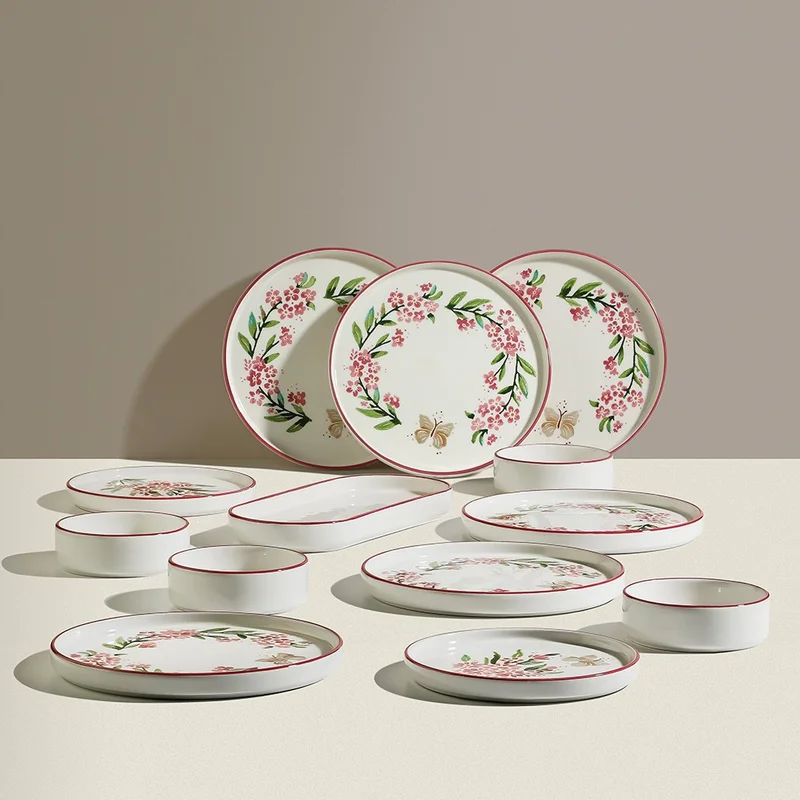 نهير Pink Butterfly 13 Piece Ceramic Breakfast Set for 6 People