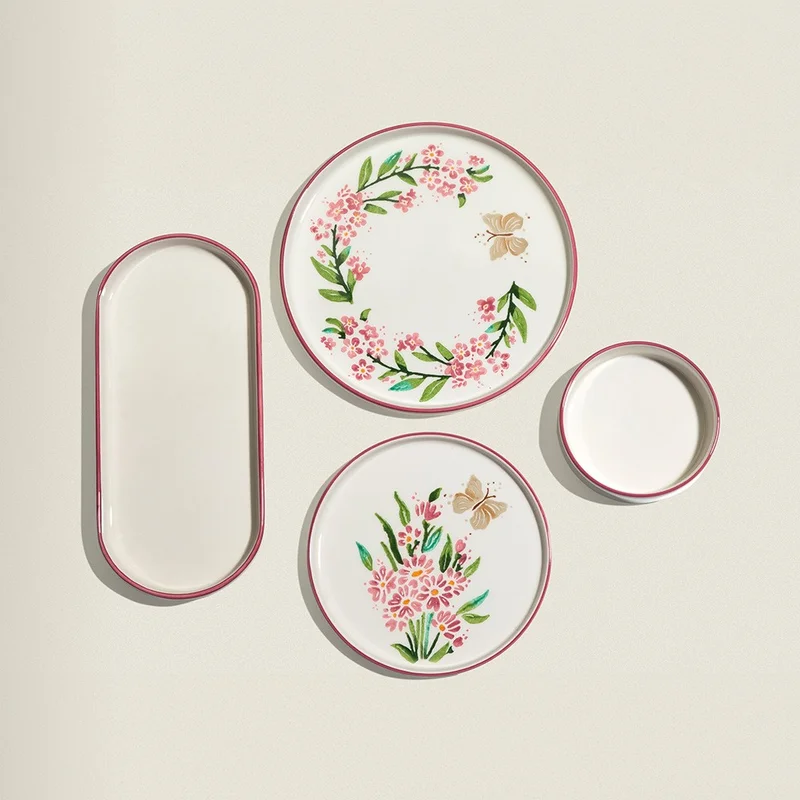 نهير Pink Butterfly 13 Piece Ceramic Breakfast Set for 6 People