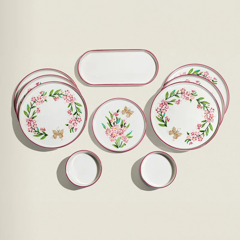 نهير Pink Butterfly 13 Piece Ceramic Breakfast Set for 6 People