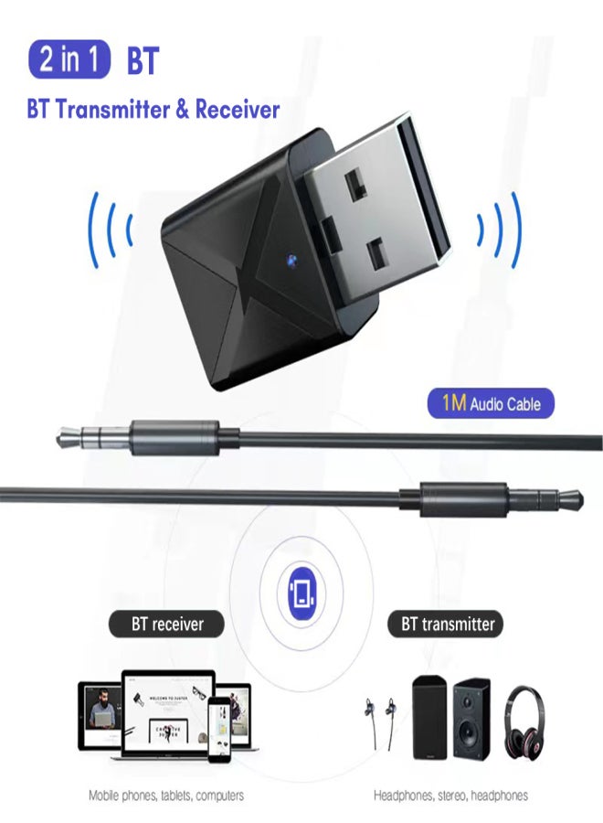 USB BT5.0 Adapter Transmitter & Receiver 2in1 with AUX Input Support TV Speaker Earphone Mini Car Music Laptop PC Computer - Image 4