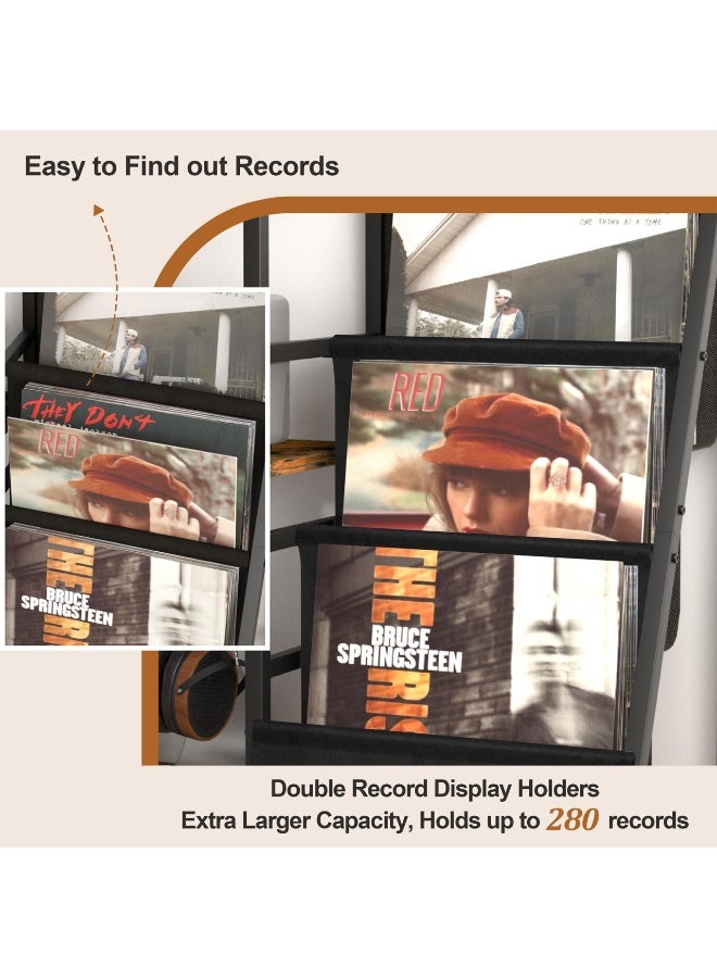 ACPLAY Retro Wood and Metal Multi-Functional Storage Shelf, Record Player Stand, Bookshelf, Display Rack, Large Vinyl Record Holder, Turntable Table with Drawer and Tiers, Media Console for Albums, Speakers, Books, and Decor - Image 4