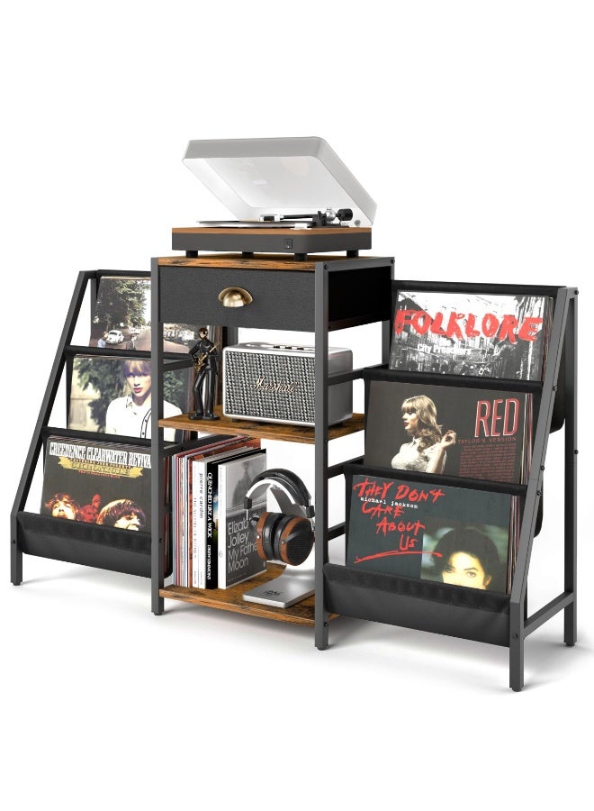 ACPLAY Retro Wood and Metal Multi-Functional Storage Shelf, Record Player Stand, Bookshelf, Display Rack, Large Vinyl Record Holder, Turntable Table with Drawer and Tiers, Media Console for Albums, Speakers, Books, and Decor - Image 2