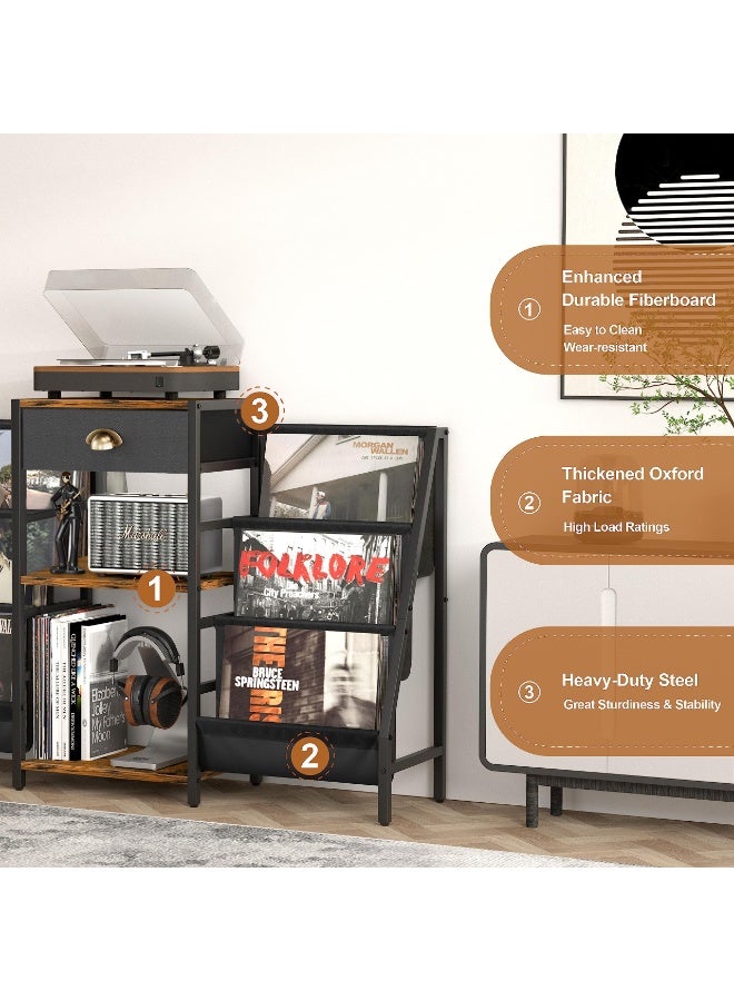 ACPLAY Retro Wood and Metal Multi-Functional Storage Shelf, Record Player Stand, Bookshelf, Display Rack, Large Vinyl Record Holder, Turntable Table with Drawer and Tiers, Media Console for Albums, Speakers, Books, and Decor - Image 5