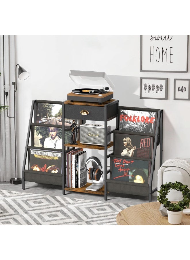 ACPLAY Retro Wood and Metal Multi-Functional Storage Shelf, Record Player Stand, Bookshelf, Display Rack, Large Vinyl Record Holder, Turntable Table with Drawer and Tiers, Media Console for Albums, Speakers, Books, and Decor - Image 1