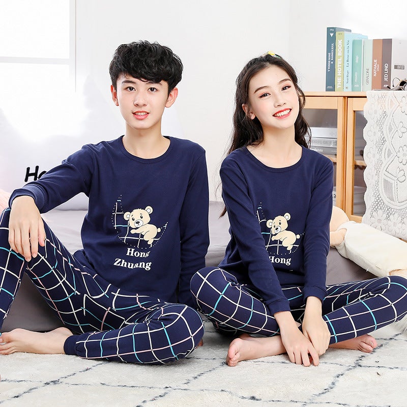 Juvenile Underwear Set Autumn Clothes and Pants for Boys and Girls Pure Cotton Thin Junior High School Students Cotton Sweater Thermal Underwear Macro-Navy Blue Moon Bear