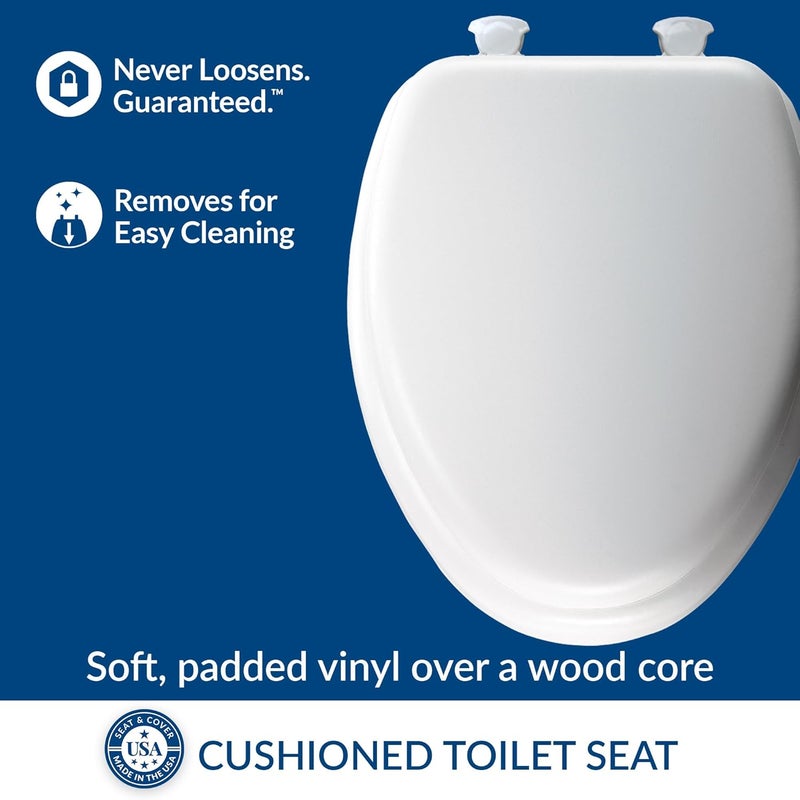 Mayfair Padded Toilet Seat, Cushioned Soft Vinyl over Wood Core Seat, Secure Hinges, Easy Clean, Elongated, White - Image 2